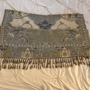 Soft Black & Cream Paisley Wrap or Scarf with Gold Accents